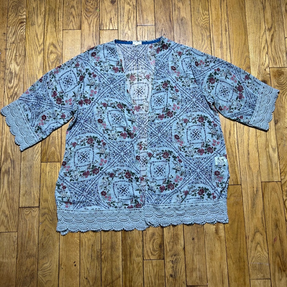 Mason & Belle Floral Medallion Crochet Lace Trim Kimono Top Blue 2X